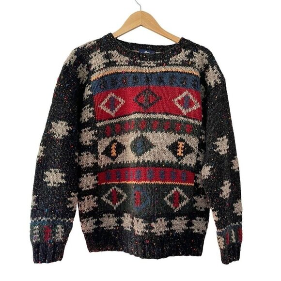 Woolrich Vintage 90’s Men's Sz M Black Red Gray Diamond Patterned Wool Sweater - Picture 2 of 8